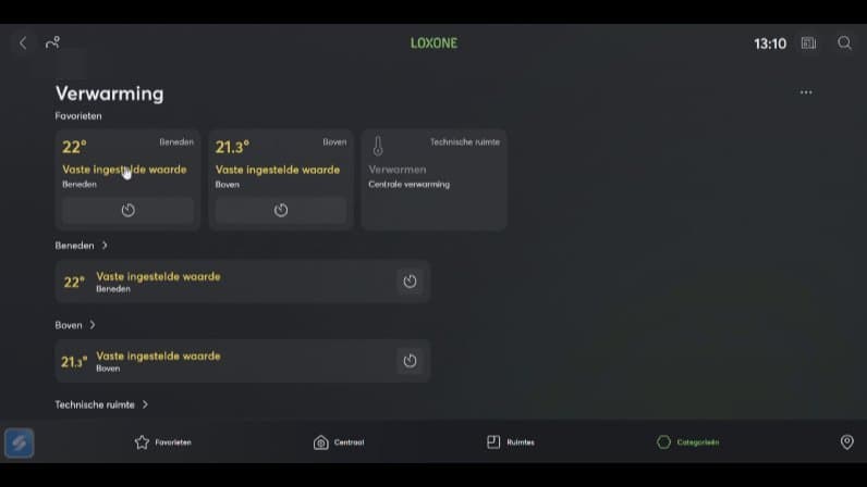 Loxone-app met de verwarming per verdieping.