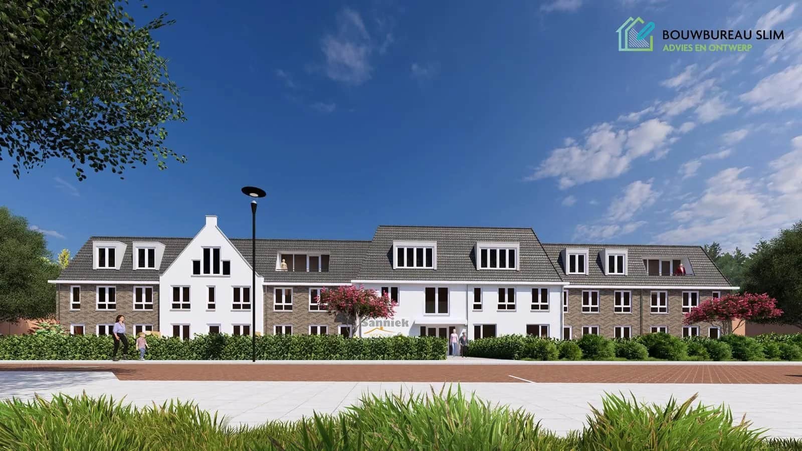 Impressie van het appartementengebouw met het parkeerterrein ervoor.