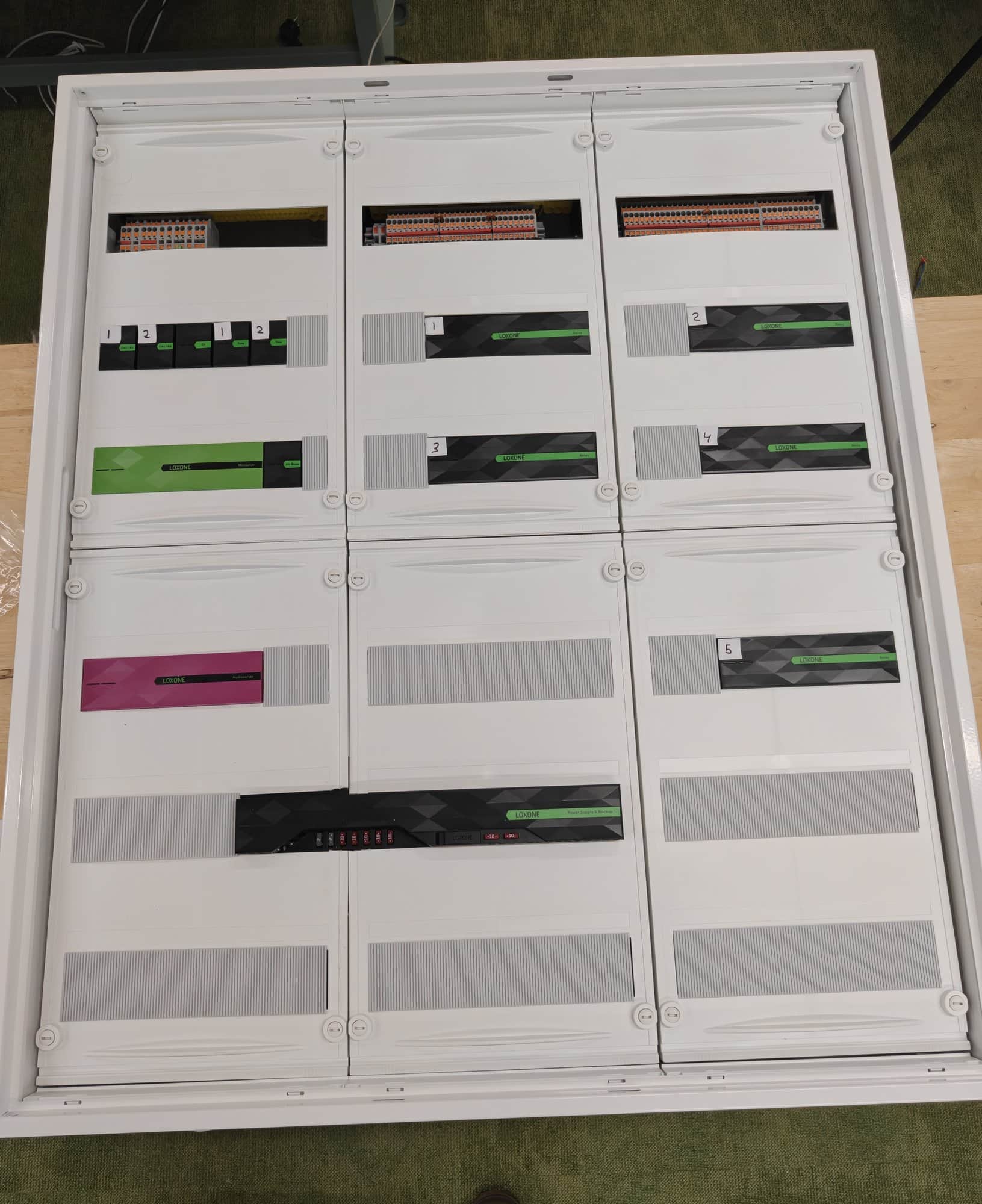 Afgewerkte verdeelkast met afdekplaten en genummerde modules.
