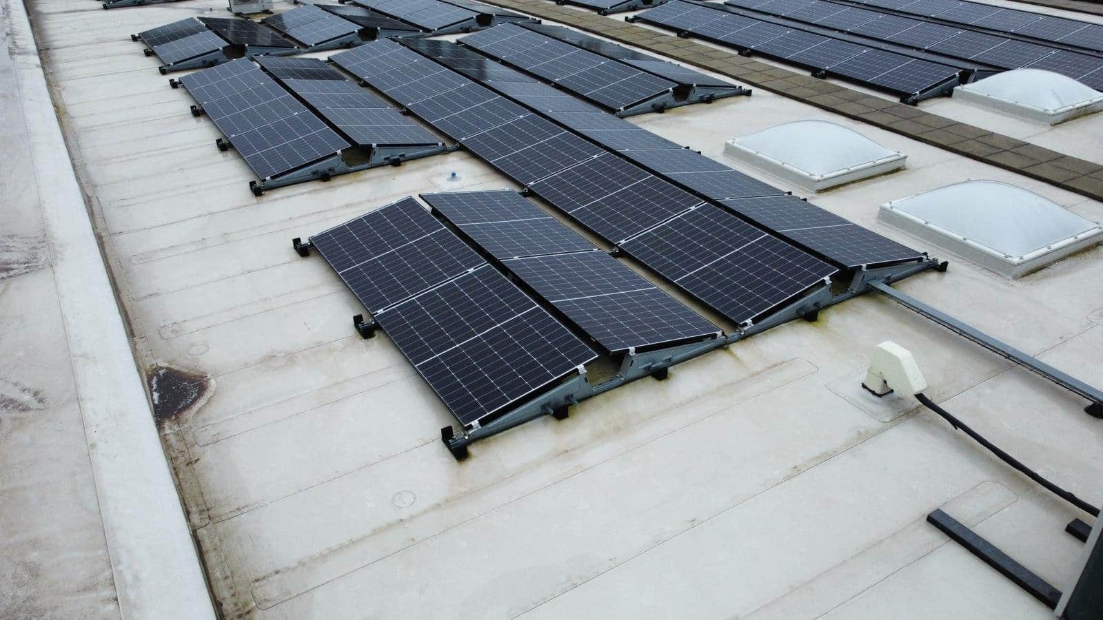 Zonnepanelen op een plat bedrijfsdak tussen lichtkoepels, van bovenaf gezien.